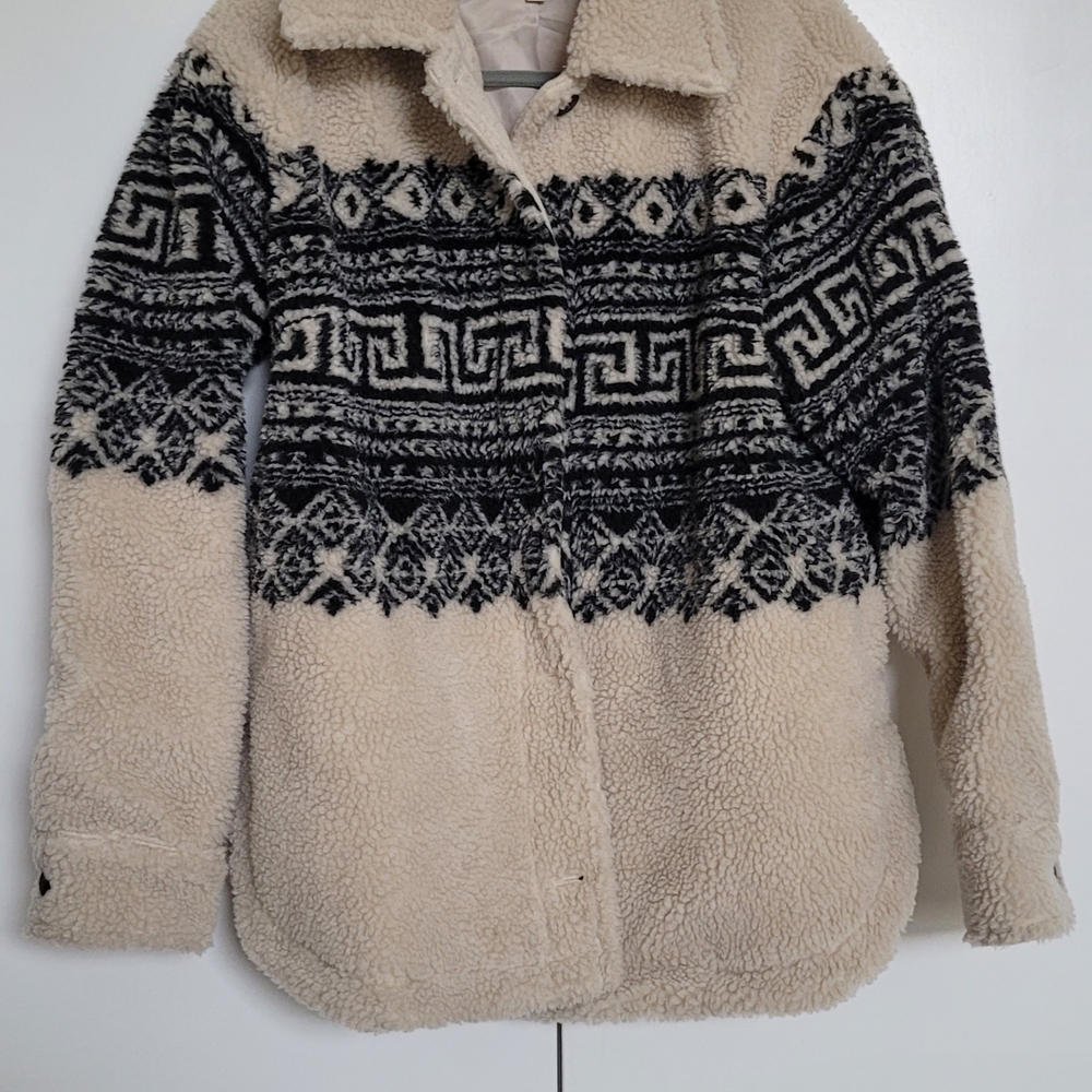 Elan Cream and Black Geometric Teddy Jacket